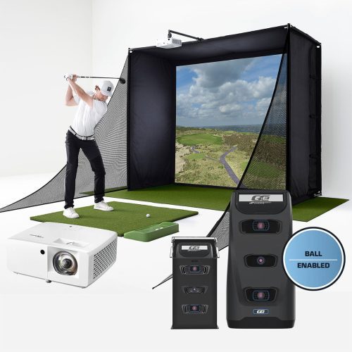 A golfer swinging in a PlayBetter SimStudio home golf simulator with a projector and Foresight Sports launch monitor and a GC3 in a protective metal case in the foreground with a 