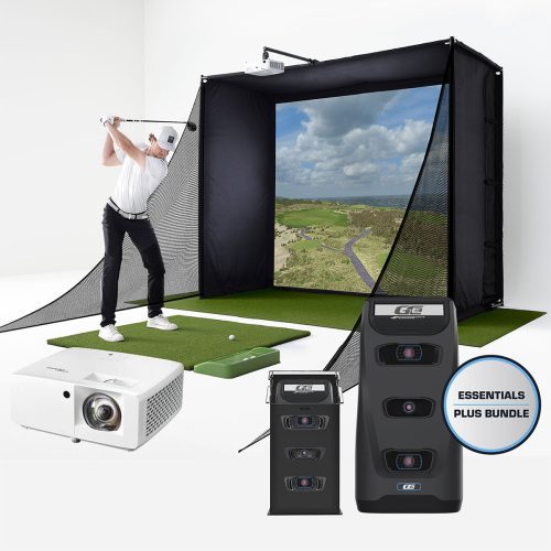 A golfer swinging in a PlayBetter SimStudio home golf simulator with a projector and Foresight Sports launch monitor and a GC3 in a protective metal case in the foreground with a 