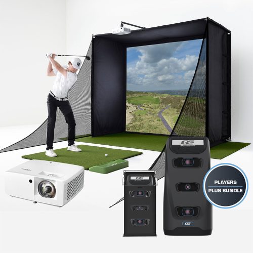 A golfer swinging in a PlayBetter SimStudio home golf simulator with a projector and Foresight Sports launch monitor and a GC3 in a protective metal case in the foreground with a 