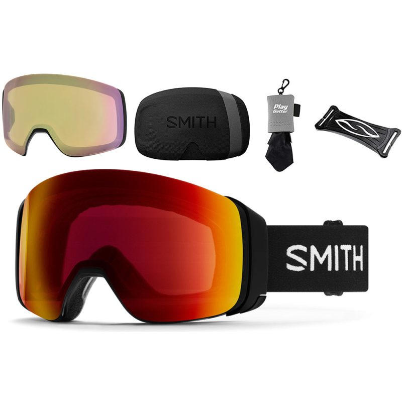 Smith Optics 4D Mag Snow Goggles Black Sun Red Mirror bundle