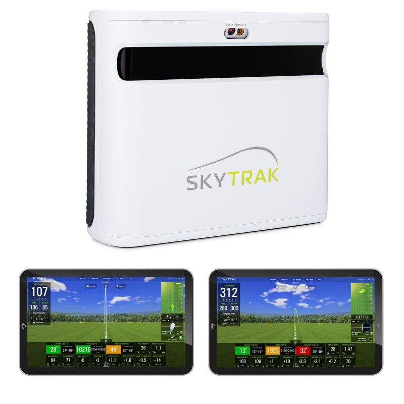 skytrak+ golf simulator & launch monitor with ipad displaying driving range software in SkyTrak app